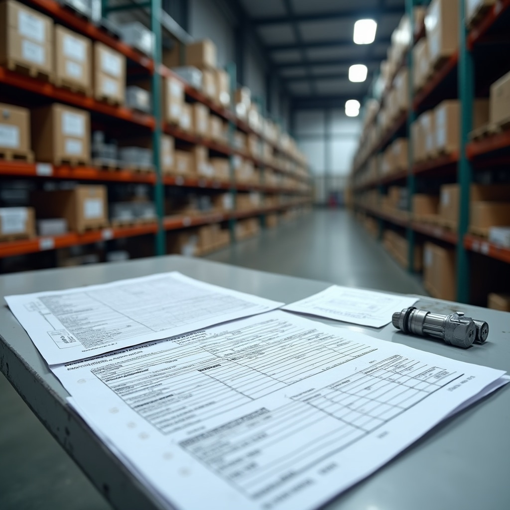 Industrial components and machinery parts with export packing documentation and commodity code reference materials