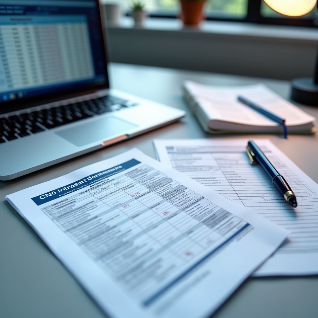 Intrastat compliance documentation spread on desk with EU trade statistics forms, commodity code reference books and computer screen