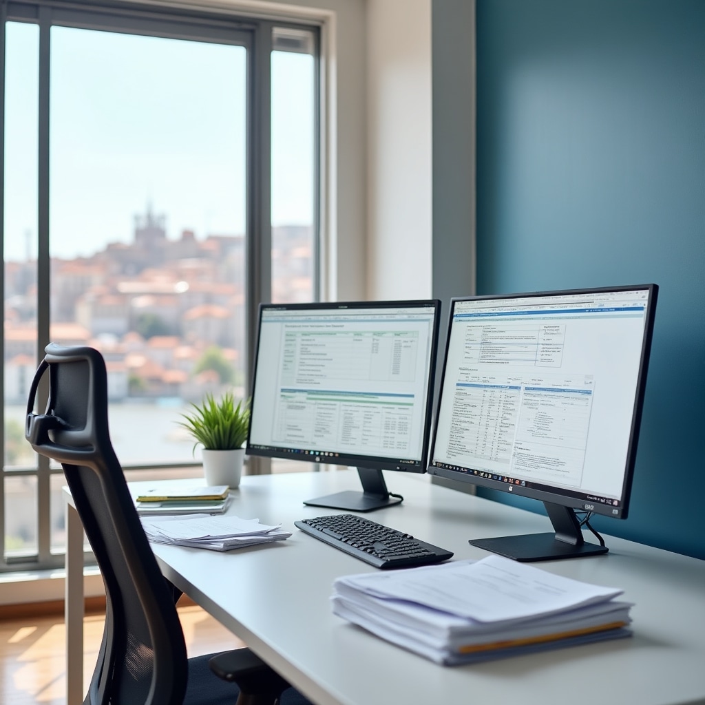 Professional documentation workspace in Porto with organized export files and dual monitors