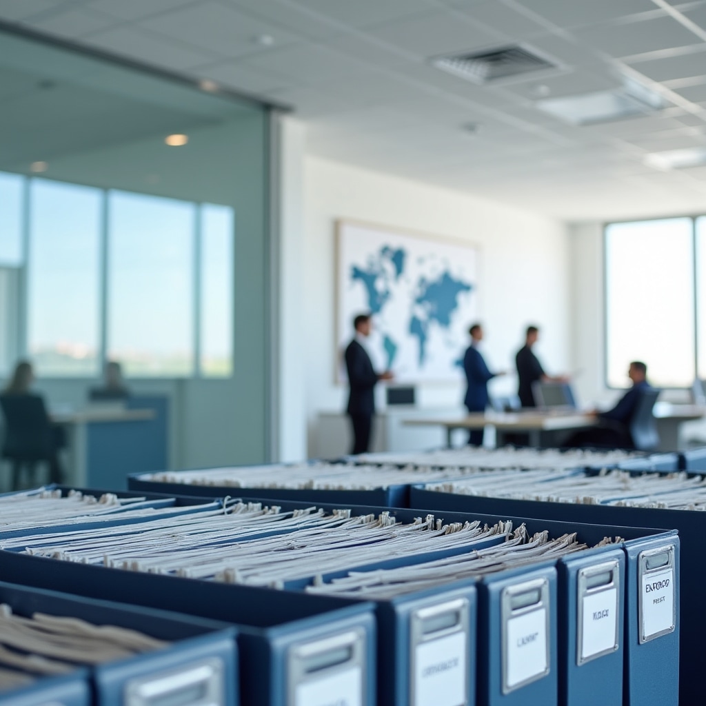 Modern trade documentation office interior in Porto with organized filing systems and professional workspace