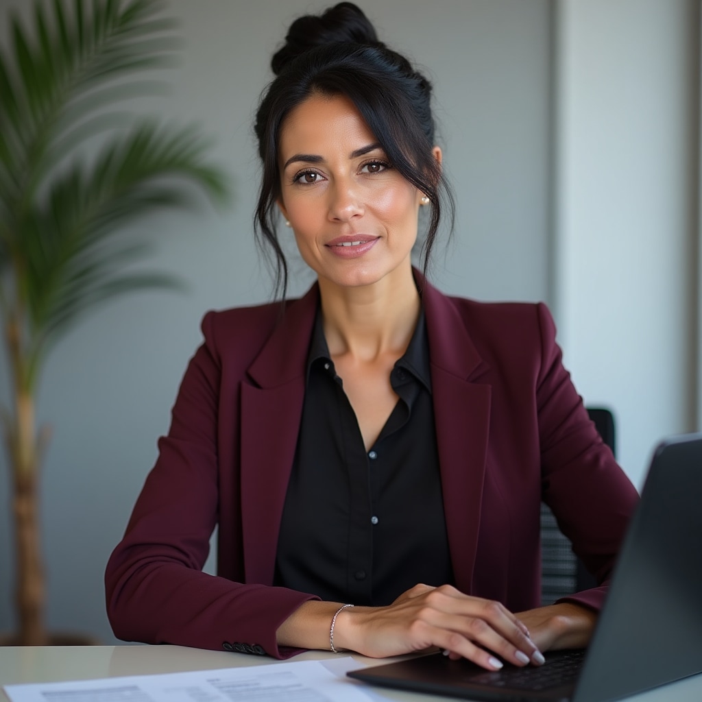 Customs documentation analyst, female, 38 years old, focused expression, working at desk with trade compliance reference materials and laptop